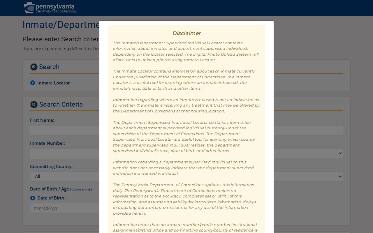 Pennsylvania state custody locator used after a Fayette County arrest