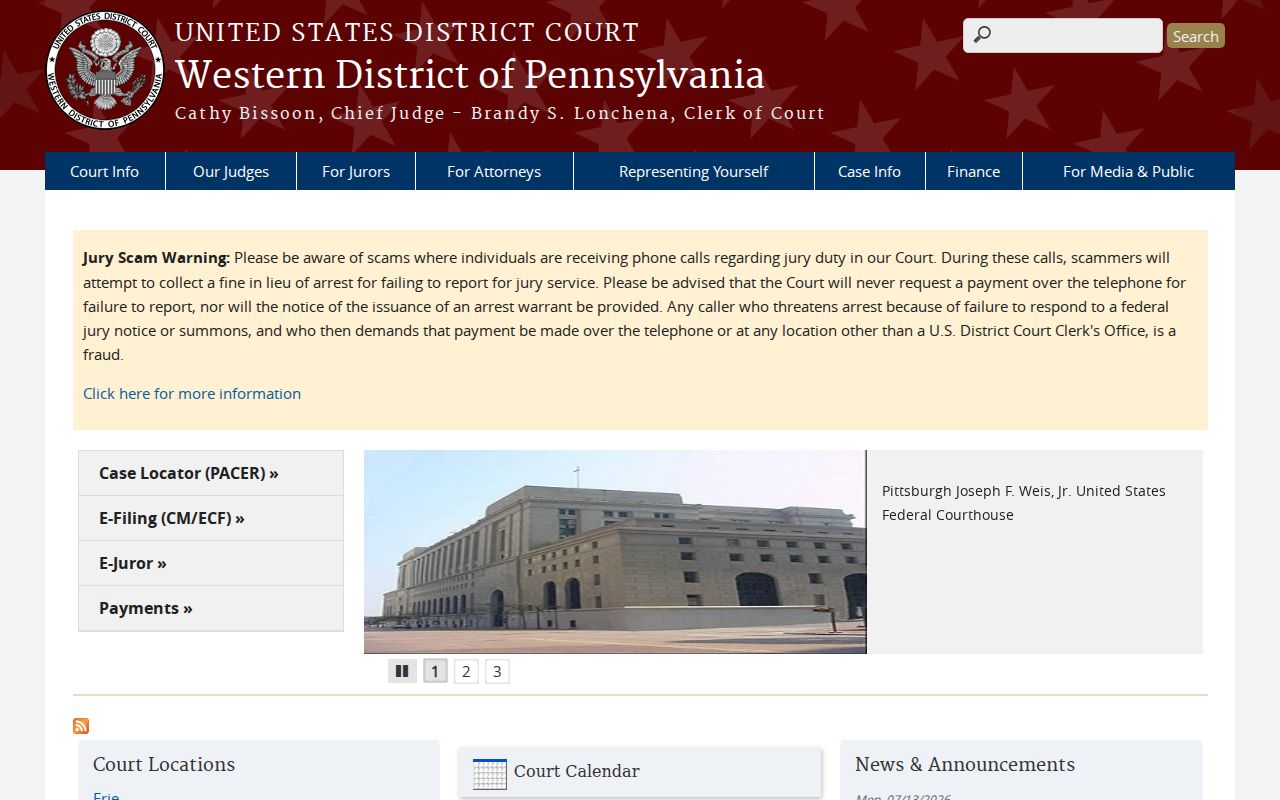 Federal criminal court source for Fayette County cases in Western Pennsylvania
