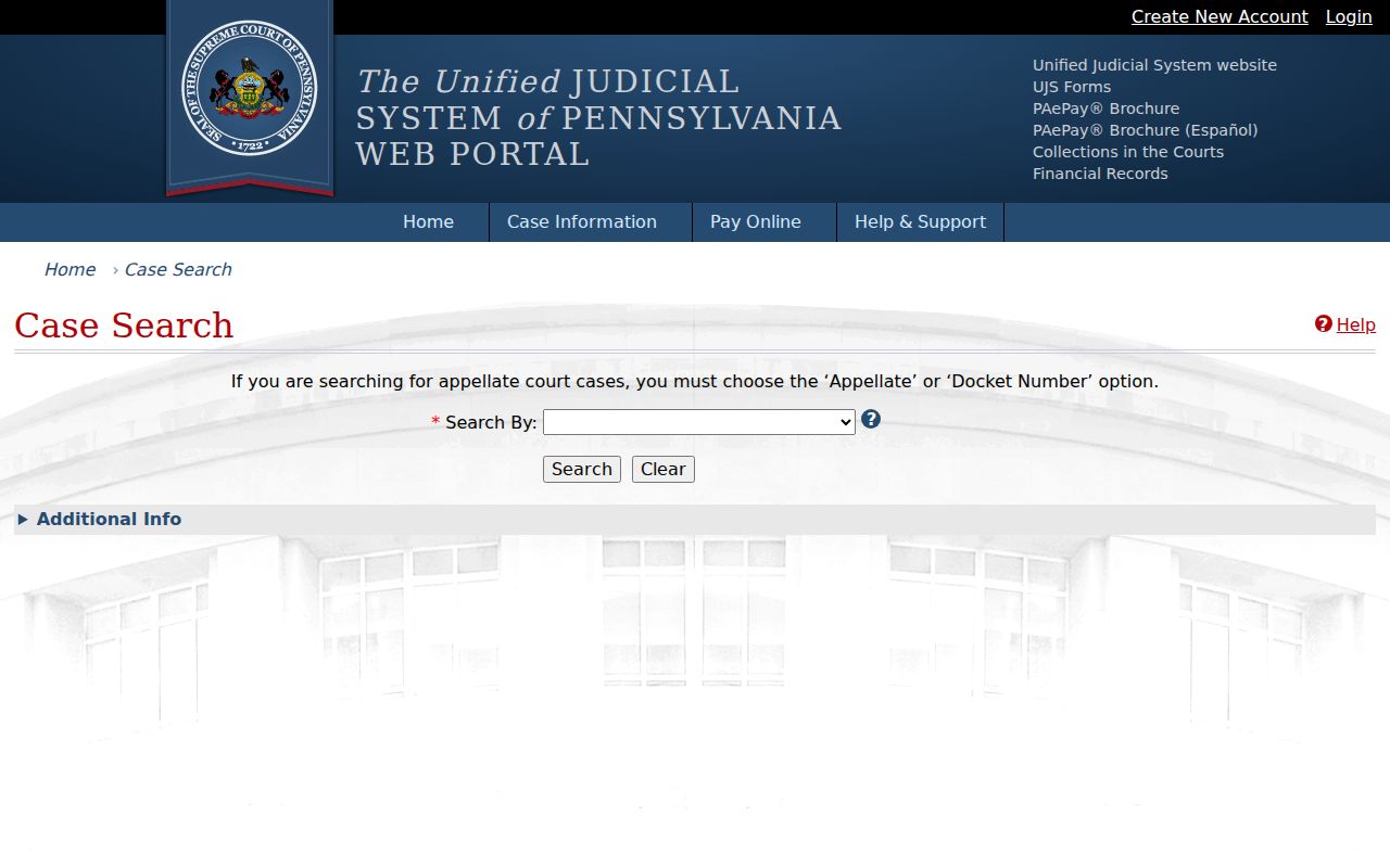 Fayette County criminal case search screen in the UJS portal